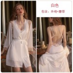 Guiruo New Autumn and Winter Sexy Women's Silk Smooth Satin Casual Suspended Sleeping Dress Open Back Outer Robe Home Suit Set 2063