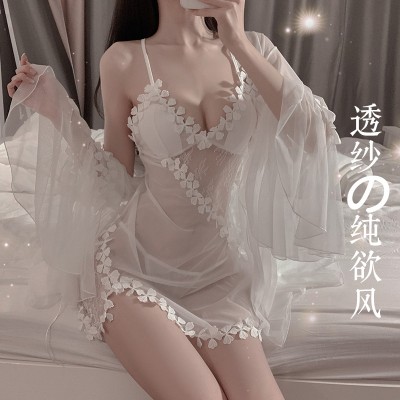 Guiruo Sexy Mesh Perspective Attractive Flower Backless Solid Color Suspended Sleeping Dress Outer Robe Women's Home Furnishing Set 1551