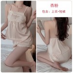 Guiruo Pure Desire Sexy Lace Splice Ice Strap Sleepwear Shorts Mesh Outer Robe Women's Home Fur Set 3486