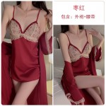 Guiruo Sexy Deep V Satin Lace Perspective Temptation Sling Sleeping Dress Simple Outer Robe Women's Homewear Set 891