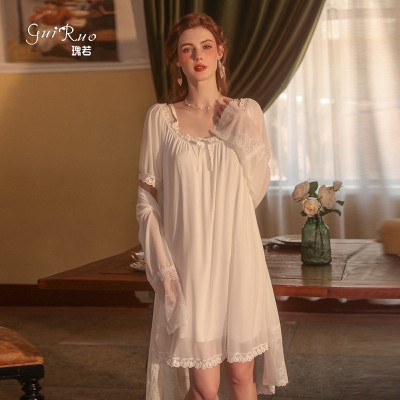 Guiruo brand sexy suspender nightgown robe perspective women's summer lace backless comfortable home set 2373