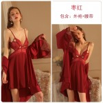 Guiruo Fun Lingerie Sexy Lace Perspective Attractive Low cut Pajamas Open Back Suspended Dress Home Suit Set 1669