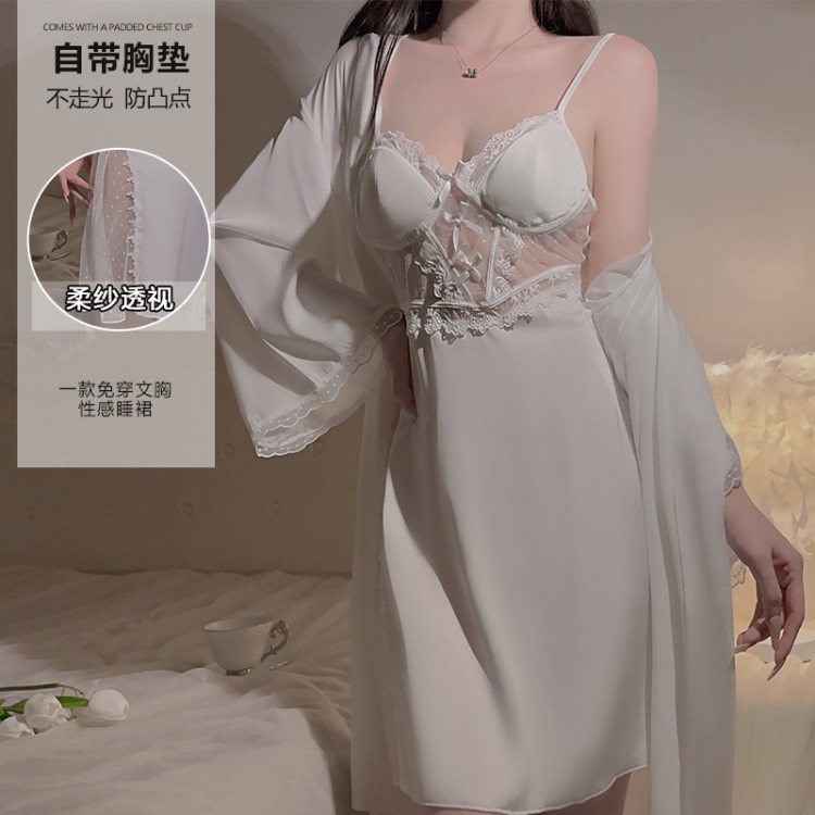 Guiruo Sexy Deep V Combination Yarn Perspective and Chest Cushion Sweet Lace Sleeping Dress Lazy Outer Robe Home Suit Set 3253