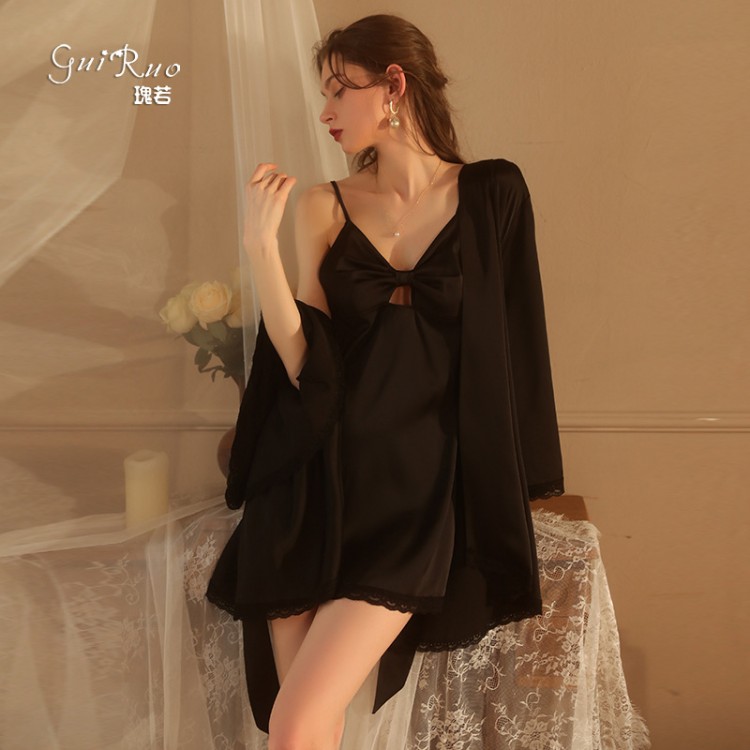 Guiruo Brand's New Sexy Solid Color Pajamas Private Hollow Suspended Dress Lace up Outer Robe Home Suit Set 1322