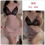 Guiruo Sexy Deep V with Chest Cushion Lace Up Open Back Satin Lace Pure Desire Temptation Private Women's Home Sleeping Dress 2621