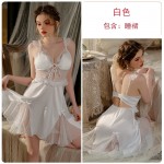 Guiruo Satin Mesh Perspective Deep V Hollow and Chest Cushion Sexy Open Back Sleeping Dress Outrobe Home Suit Set J3189