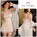 Ruo Ruo Sexy Satin Lace Open Back Strap Attractive with Chest Pads and Lace embellishments Same Color Robe Set P2808