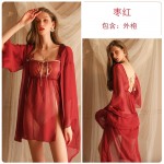 Guiruo Fun Lingerie Sexy Mesh Perspective Attractive Printing Hanfu Split Sleeping Dress Outer Robe Uniform Set 1645