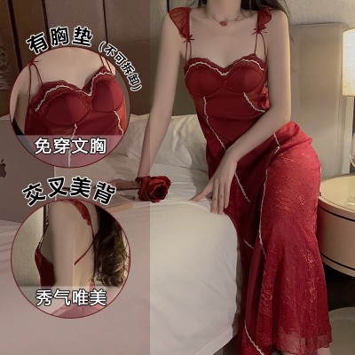 Ruo Ruo Satin Lace Slim Fit Long Style with Chest Cushion Cross Back Sweet Flying Sleeves Sexy Homewear Sleepwear 3388