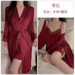 Guiruo Satin Deep V Loose and Comfortable Lace Splice Split Lace Lace Cut Out Temptation Sleeping Skirt Outer Robe Home Suit 542