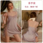 Guiruo Sexy Satin Patch Lace Side Waist Strap Seduction Hollow out Hanging Strap Sleeping Dress Outer Robe Home Set 542