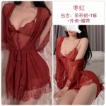 Guiruo Fun Underwear Sexy Mesh Sweet Bow Tie Solid Color Hanging Sleeping Dress Qipao Home Suit Set 525