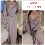 Guiruo Satin Perspective Lace Deep V Temptation Strap Temptation Plus Chest Cushion Sleeping Dress Outer Robe Home Suit Set J2970