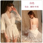 Guiruo Sexy Open Waist Temptation Pajamas Solid Lace Pajamas Strap Shorts Outer Robe Home Suit Set 19079