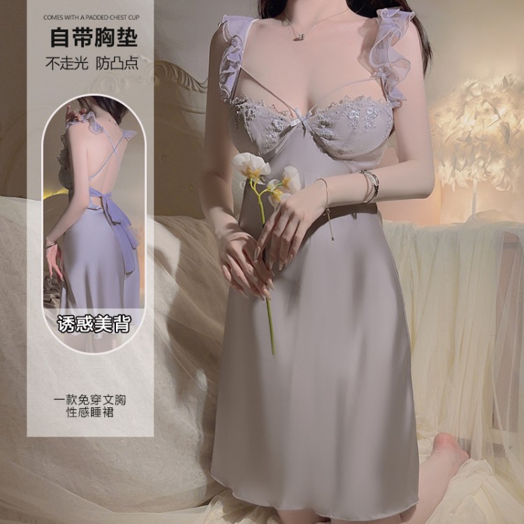 Guiruo Satin Sweet Lace and Chest Cushion Sexy Flying Sleeves Sleeping Dress Simple Outer Robe Women's Home Set J3336