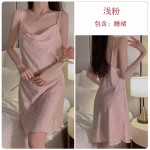 Guiruo Brand Pink Leopard Print Satin Sexy Swinging Collar Simple Slim Fit Hanging Sleeping Dress Home Set 3320