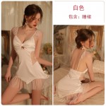 Guiruo Lingerie Sexy Transparent Yarn Lace Splice with Chest Cushion Hollow Satin Sleeping Dress Outer Robe Home Suit Set 3226