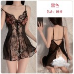 Guiruo Fun Lingerie Sexy Temptation Lace Deep V Perspective Split Pure Desire Sling Sleeping Dress Uniform Set 1958