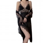 Guiruo Summer Sexy Open Back Ice Silk with Chest Cushion Suspended Sleeping Dress Simple Mesh Outer Robe Home Suit Set 3372