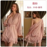 Guiruo Sexy Pajamas Large Lace Deep V Casual Comfortable Satin Suspended Pajama Dress Outer Robe Women's Home Furnishing Set