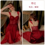 Guiruo Sexy Satin French Lace Backless and Chest Cushion Sleeping Dress Loose Women's Outrobe Home Suit Set W2799