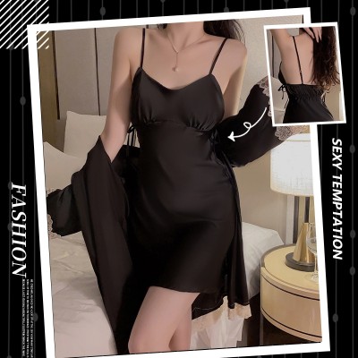 Guiruo Sexy V-neck Lace up Small Chest Show Large Fit Slim Slim Sleeping Dress Simple and Comfortable Outer Robe Home Set 1517