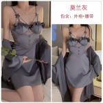 Rose like satin surface with chest pad and ear edge, sweet and seductive lace patchwork nightgown, outer robe, home suit set P3143