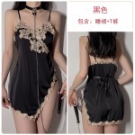 Guiruo Summer Sexy Deep V Women's Pajamas Thin Satin Lace Split Sleeping Dress Home Suit Set 936