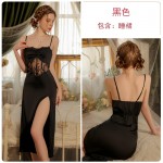 Guiruo Spring/Summer Long Ice Silk Pajamas with Split Temptation Sling Sleepwear Lace Perspective Home Suit Set J3167