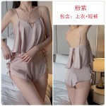 Guiruo Sexy Satin Hollow Lace Retro Plate Buckle Suspender Top Shorts Mesh Outer Robe Home Set 3383