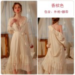 Guiruo Sexy Satin Smooth Pure Desire with Chest Cushion Split Sleeping Dress Lace up Outer Robe Women's Home Fur Set J2887