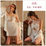 Guiruo Sexy Solid Color Pajamas Lace up Cardigan Outer Robe Comfortable Drawstring Hollow out Suspended Dress Home Suit Set 2047