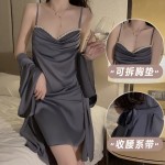 Guiruo Pure Desire Sweet Spicy Style Low Chest Swinging Collar with Chest Pads Waist Tie up Satin Nightgown Outer Robe Home Furnishing J3281