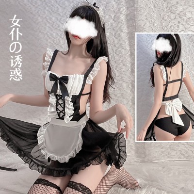 Guiruo Fun Lingerie Sexy Backless Chiffon Perspective Attractive Maid Maid Bed Uniform Set Issued on behalf of 178