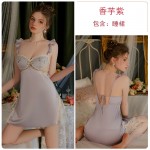 Guiruo Satin Deep V Flying Sleeves Embroidered Mesh with Chest Cushion Suspender Sleeping Dress Lace Up Outer Robe Home Suit Set 3559