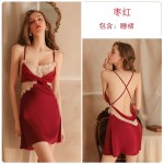 Guiruo Fun Underwear Sexy Lace Temptation Backless Pajamas Solid Color Hanging Dress Home Suit Set Issued on behalf of 1615