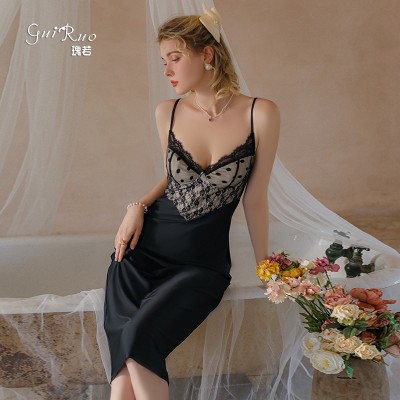 Guiruo French Mesh Lace Deep V with Chest Cushion Drawn Waist for Slim and Sexy Backless Women's Strap Home Sleeping Dress J3396