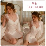 Guiruo Sexy Satin Patched Lace Perspective Chest Cushion Gathered Sleeping Skirt Outer Robe Women's Home Furnishing Set J3123