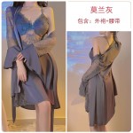 Guiruo Sexy Satin Embroidery Lace Deep V with Chest Cushion Hanging Strap Sleeping Dress Lazy Outer Robe Home Suit Set 2744