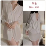 Guiruo Pure Desire Ice Silk Pajama Loose Shirt Sweet Butterfly Knot Back Long Sleeve Pajama Dress Home Suit Set 3287