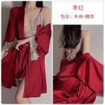 Guiruo Sexy Deep V Lace Satin Nightwear Split Seduction Sling Sleepwear Lace up Outer Robe Home Suit Set 272