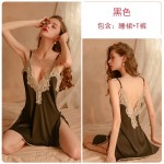 Guiruo Sexy Lace Deep V Temptation Pajamas Open Back Split Suspended Pajama Dress Lace Up Outer Robe Home Suit Set 272