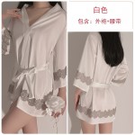 Guiruo satin patchwork embroidered pajamas women's lace up sexy long sleeved pajamas bathrobe temptation home clothing set 400