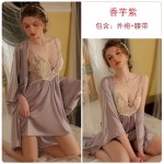 Guiruo satin patchwork embroidery lace deep V chest pad hollowed out gathering suspender nightgown outerwear home set P3169