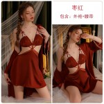 Guiruo Brand Sexy Satin Lace V-Neck with Chest Cushion Hollow Hanging Strap Sleeping Dress Outer Robe Home Suit Set 3431