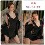 Guiruo Satin Low Chest Gathered with Chest Pads and Collated Yarn Perspective Lace Nightgown Lazy Outrobe Home Suit Set 3464