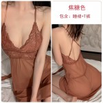 Guiruo Fun Lingerie Sexy Mesh Perspective Solid Color Pajamas Open Back Suspended Dress Outer Robe Home Suit Set 2131