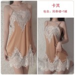 Guiruo Sexy Low cut Solid Lace Perspective Attractive Sweet Sleepwear Open Back Suspended Dress Home Suit Set 549