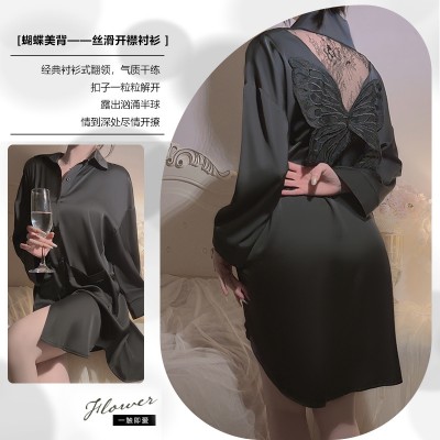 Guiruo Sexy Lapel Open Button Shirt 3D Bow Perspective Lace Pocket Decoration Homewear Nightwear 3447