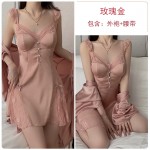 Guiruo Brand Silk Smooth Satin Combination Yarn Perspective Lace and Chest Cushion Sexy Open Back Sleeping Dress Outrobe Set J3179